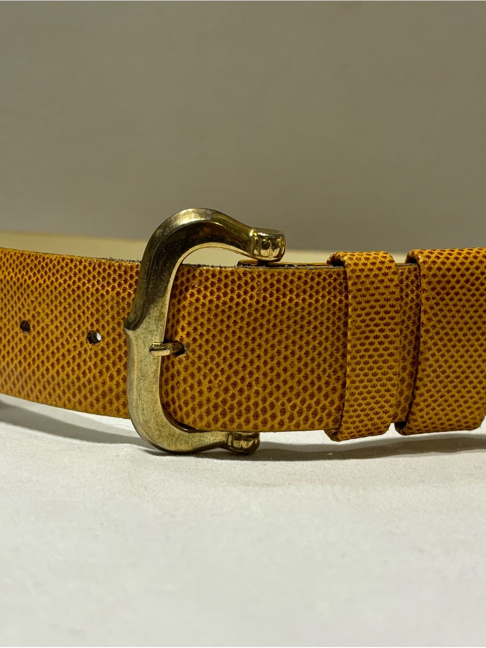 Holt Renfrew Genuine Reptile Mustard Leather Belt with Gold Buckle